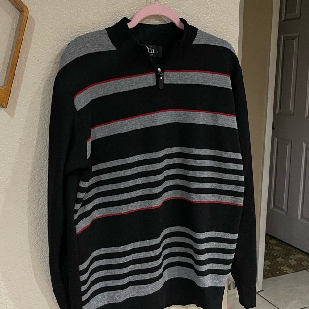 Omega Men's Black, Gray & Red Striped Zip Sweater Pullover Style Y2K Streetwear